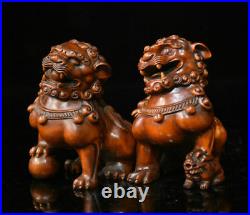 Chinese Boxwood Wood Hand-Carved Fengshui Foo Fu Dog Guardion Lion Statue Pair