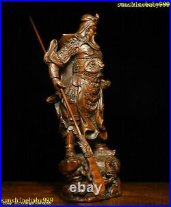 Chinese Folk Boxwood wood Carving Dragon Guan Gong Yu warrior figure Statue