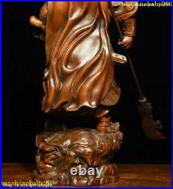 Chinese Folk Boxwood wood Carving Dragon Guan Gong Yu warrior figure Statue