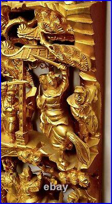 Chinese Gilt Lacquer Wood Panel Plaque Deep Carving Warriors Battle Scene 64CM