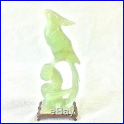 Chinese Jade Green Carved Bird Figurine Sculpture Fitted Wood Stand Vtg 8 5/8h