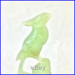 Chinese Jade Green Carved Bird Figurine Sculpture Fitted Wood Stand Vtg 8 5/8h