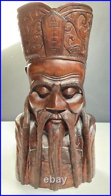 Chinese Kongzi Confucious Head Bust Solid Wood Sculpture Vintage