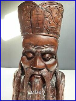 Chinese Kongzi Confucious Head Bust Solid Wood Sculpture Vintage