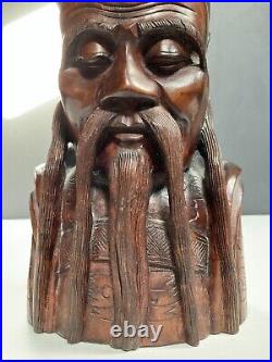 Chinese Kongzi Confucious Head Bust Solid Wood Sculpture Vintage