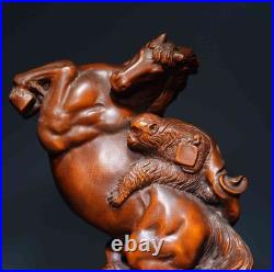 Chinese Natural Boxwood Hand-carved Exquisite Horse with Monkey Statue 6667