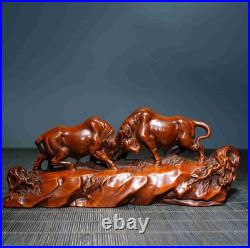 Chinese Natural Boxwood Hand-carved Exquisite Two Oxen Statue Ornament 6250