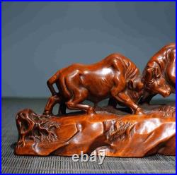 Chinese Natural Boxwood Hand-carved Exquisite Two Oxen Statue Ornament 6250