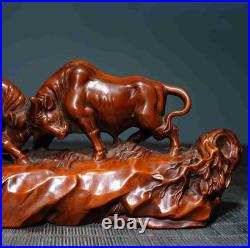 Chinese Natural Boxwood Hand-carved Exquisite Two Oxen Statue Ornament 6250