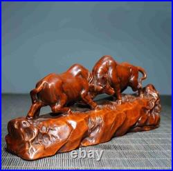 Chinese Natural Boxwood Hand-carved Exquisite Two Oxen Statue Ornament 6250