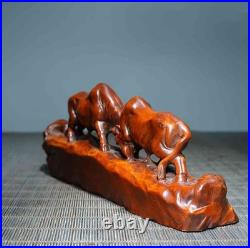 Chinese Natural Boxwood Hand-carved Exquisite Two Oxen Statue Ornament 6250