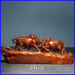 Chinese Natural Boxwood Hand-carved Exquisite Two Oxen Statue Ornament 6250