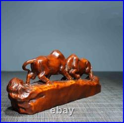 Chinese Natural Boxwood Hand-carved Exquisite Two Oxen Statue Ornament 6250