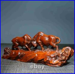 Chinese Natural Boxwood Hand-carved Exquisite Two Oxen Statue Ornament 6250