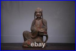 Chinese Old Wood Carved Painted Exquisite Long Eyebrow Arhat Statue 7989