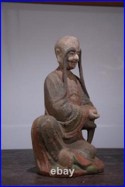 Chinese Old Wood Carved Painted Exquisite Long Eyebrow Arhat Statue 7989