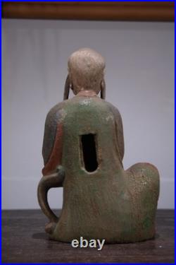 Chinese Old Wood Carved Painted Exquisite Long Eyebrow Arhat Statue 7989