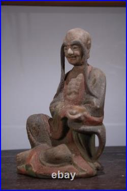 Chinese Old Wood Carved Painted Exquisite Long Eyebrow Arhat Statue 7989