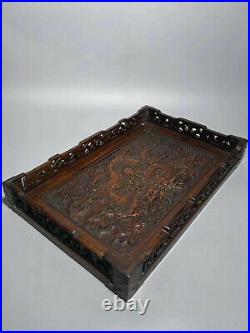 Chinese Qing Dynasty old antique Yellow wood Hand carving dragon tray EVO