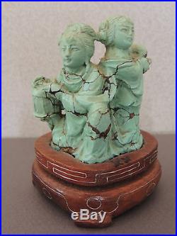 Chinese Turquoise Carving Deities Wood Stand