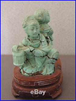Chinese Turquoise Carving Deities Wood Stand