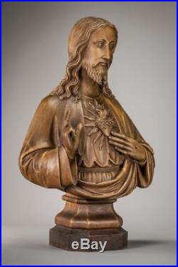 Christ Bust Sculpture Sacred Heart of Jesus Statue Antique Signed Carved Wood