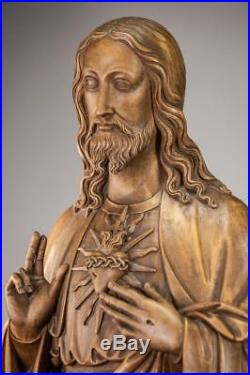 Christ Bust Sculpture Sacred Heart of Jesus Statue Antique Signed Carved Wood