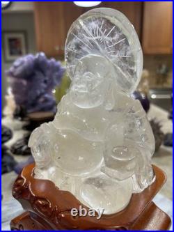Clear Quartz Buddha carving with custom wood stand
