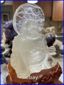 Clear Quartz Buddha carving with custom wood stand