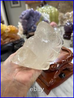 Clear Quartz Buddha carving with custom wood stand