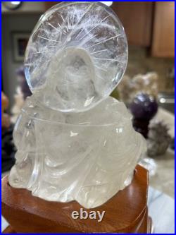 Clear Quartz Buddha carving with custom wood stand