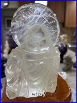 Clear Quartz Buddha carving with custom wood stand