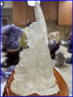 Clear Quartz Buddha carving with custom wood stand