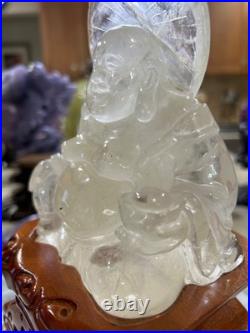 Clear Quartz Buddha carving with custom wood stand