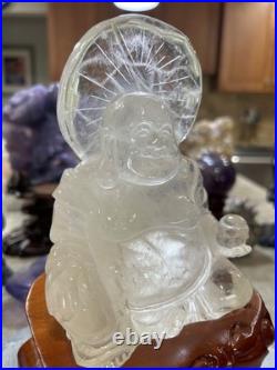 Clear Quartz Buddha carving with custom wood stand