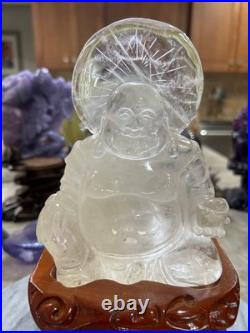 Clear Quartz Buddha carving with custom wood stand Clear Quartz Buddha carving with custom wood stand