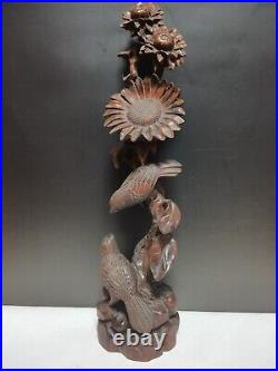 Collectibles Sunflower Statue Desktop Art Ornaments Woodcarving Magpie sculpture