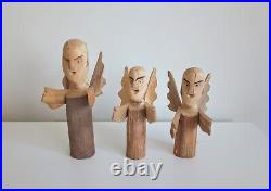 Collection Of Three Folk Art Carved Wood Angels Signed Cordova New Mexico