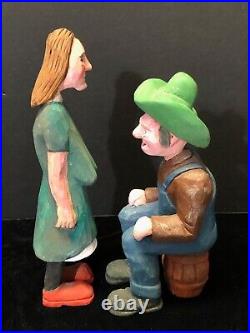 Country Farm Couple Wood Carvings by Tennessee Artist Glen Harbin 1970's
