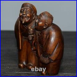 Couple sweet love together until old age hand carved wood Statue art Sculpture