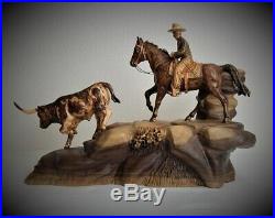 Cowboy And Steer Original Wood Carving Sculpture By Joan Kosel