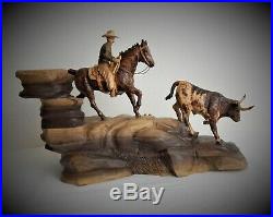 Cowboy And Steer Original Wood Carving Sculpture By Joan Kosel