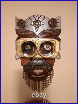 Custom Sculpture Face Mask Mixed Material Singed Wood Metal One of a Kind