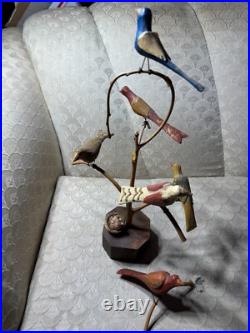 Dan And Barbara Strawser Hand-Carved/Painted Wood Birds In Tree Sculpture-READ Dan And Barbara Strawser Hand-Carved/Painted Wood Birds In Tree Sculpture-READ
