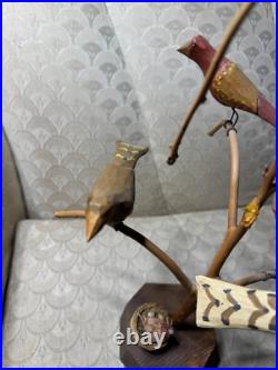 Dan And Barbara Strawser Hand-Carved/Painted Wood Birds In Tree Sculpture-READ Dan And Barbara Strawser Hand-Carved/Painted Wood Birds In Tree Sculpture-READ