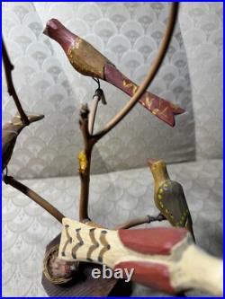 Dan And Barbara Strawser Hand-Carved/Painted Wood Birds In Tree Sculpture-READ Dan And Barbara Strawser Hand-Carved/Painted Wood Birds In Tree Sculpture-READ