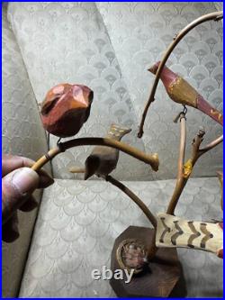 Dan And Barbara Strawser Hand-Carved/Painted Wood Birds In Tree Sculpture-READ Dan And Barbara Strawser Hand-Carved/Painted Wood Birds In Tree Sculpture-READ