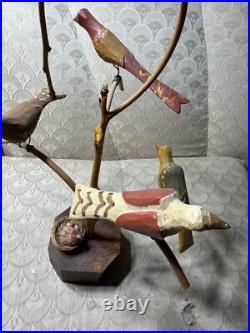 Dan And Barbara Strawser Hand-Carved/Painted Wood Birds In Tree Sculpture-READ Dan And Barbara Strawser Hand-Carved/Painted Wood Birds In Tree Sculpture-READ