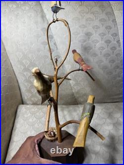 Dan And Barbara Strawser Hand-Carved/Painted Wood Birds In Tree Sculpture-READ Dan And Barbara Strawser Hand-Carved/Painted Wood Birds In Tree Sculpture-READ