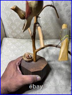 Dan And Barbara Strawser Hand-Carved/Painted Wood Birds In Tree Sculpture-READ Dan And Barbara Strawser Hand-Carved/Painted Wood Birds In Tree Sculpture-READ